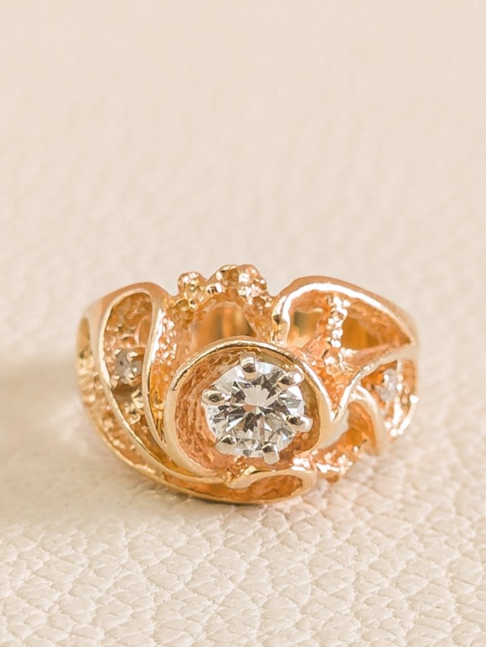 Vintage 14K Gold Brutalist Diamond Ring | Custom Artisan Cast | 0.43ctw | Size 7